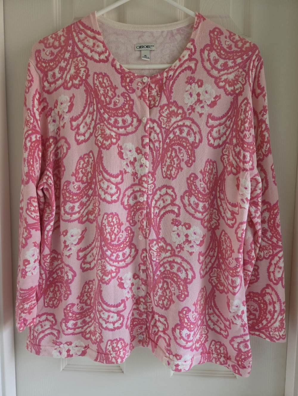 VTG Cherokee Pink Paisley Cardigan Sweater 100%โ Cotton Size XL Cottagecore
